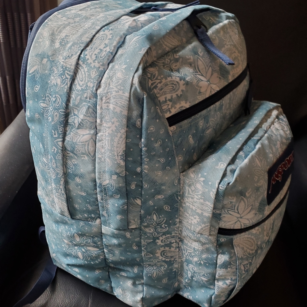 Jansport Big Student Laptop Backpack, Aqua & White print with Navy blue straps